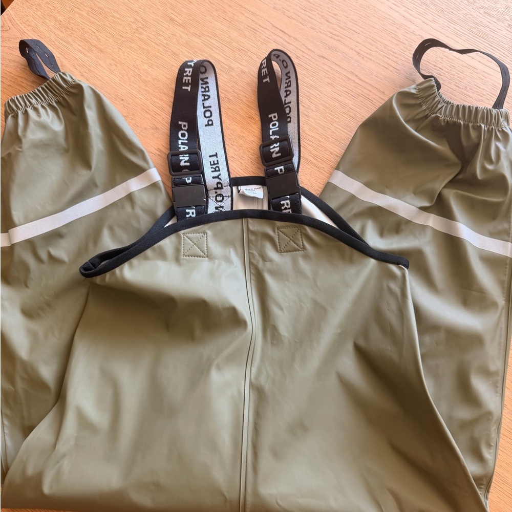 Polarn O. Pyret Olive Green and White Striped Rain Set - Picture 3 of 6